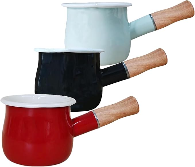 0.6qt Mini Enamel Milk Pot Insulated Wooden Handle 2 Pour Spouts Small Food Warmer Cute Saucepan (D015,Mint Green)