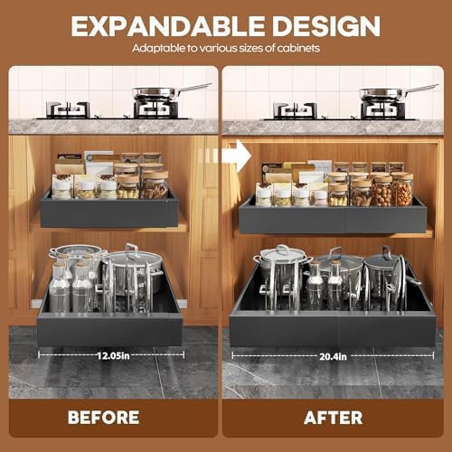Seinloes 4 Pack Expandable Pull Out Cabinet Organizer 21"Deep With Raising Pad for Framed Cabinets,Slide Out Drawers With 4pcs Divider Racks,No Drill Roll Out Shelf,Adjustable Width 12.05"-20.4"Black