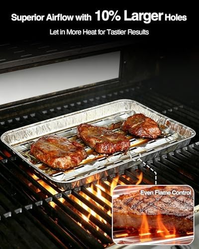 25Pcs Broiler Pans for BBQ Grill, 9.2 x 13.5 Grill Pan Liners with Ribbed Surface, Disposable Aluminum Foil Trays for Oven with Hole