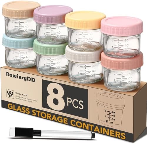 RowinsyDD Baby Food Containers, 4 oz, 8 Pack, Glass Jars with Lids