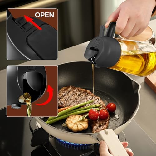 YARRAMATE 4Pcs 16oz/470ml Glass Olive Oil Sprayer Set with Stickers, Kitchen Gadgets, Including 2Pcs Non-Slip Bottle Mat, Cleaning Brush-Aesthetic Ideal Kitchen Gift