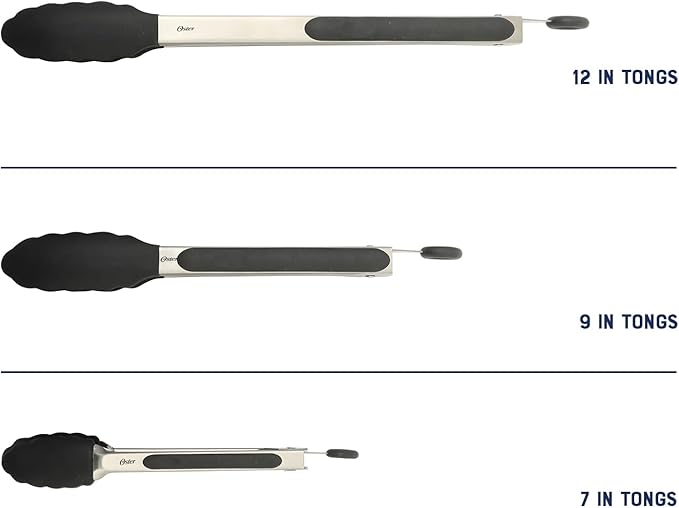Oster 3-Piece Kitchen Tongs Set – 12", 9", 7" Locking Tongs with Heat-Resistant Nylon Tips and Stainless Steel Handles, Nonstick Safe, BPA-Free, Dishwasher Safe, Black Cooking Tongs