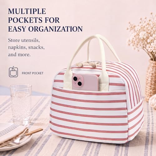 LOVELYWIND Lunch Box for Women, Insulated Lunch Bag, Pink Stripe Tote