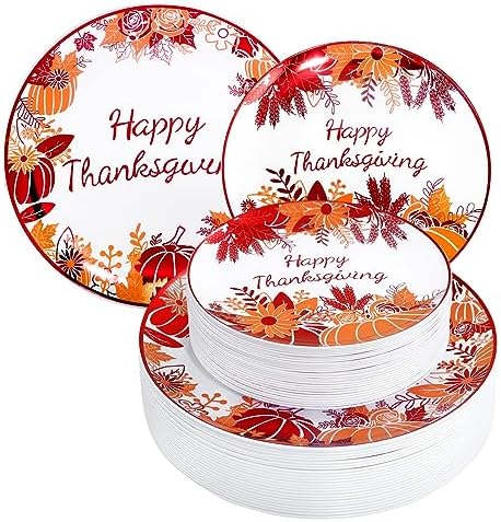 Rubtlamp 60PCS Thanksgiving Plastic Plates, White Orange Pumpkin Plates, Red Disposable Plates with Maple Leaves, Fall Disposable Plates Include 30 Dinner Plates, 30 Salad Plates For Thanksgiving