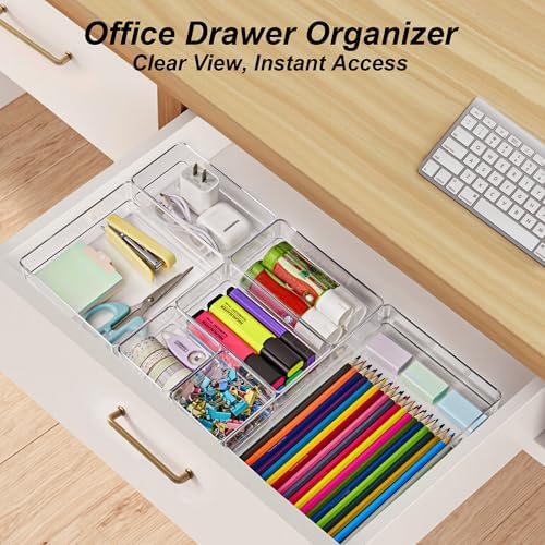 SMARTAKE 7 PCS Drawer Organizer, 4-Size Desk Drawer Organizer Trays