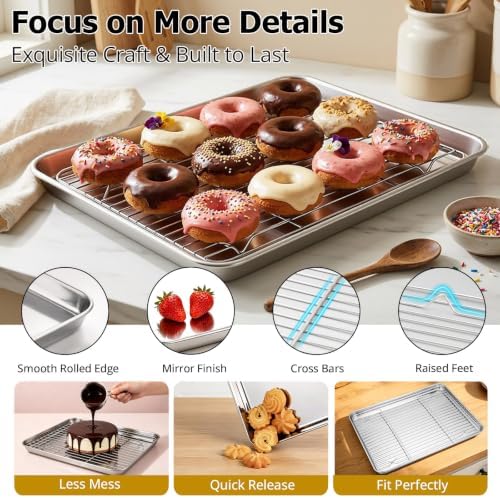 Onader Baking Sheet with Cooling Rack Set of 2, 16x12 Inch Stainless Steel Cookie Sheets for Baking, Metal Jelly Roll Pan with Rack for Oven, 2 Pans + 2 Racks, Nonstick & Rust Resistant