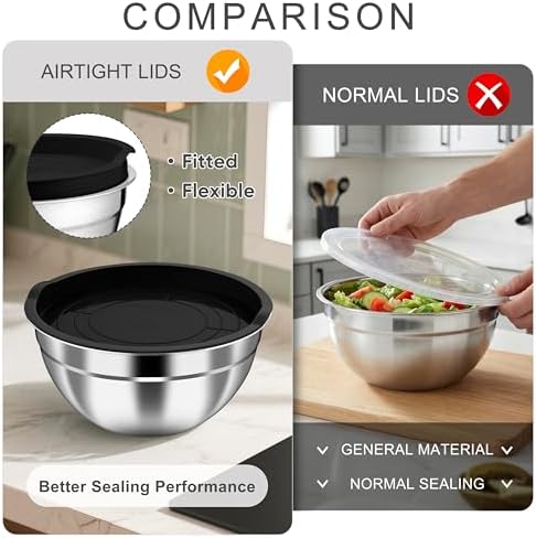HaWare Mixing Bowls with Airtight Lids, 6-Piece Stainless Steel Salad Bowls