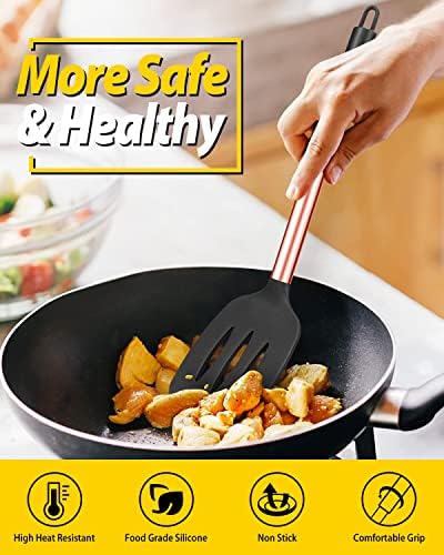 Pack of 4 Silicone Cooking Utensils Set, Non Stick Large Solid Spatulas, Heat Resistant Rose Gold Black Slotted Spoons, Ideal BPA Free Kitchen Turners for Frying, Mixing,Serving,Draining,Turning