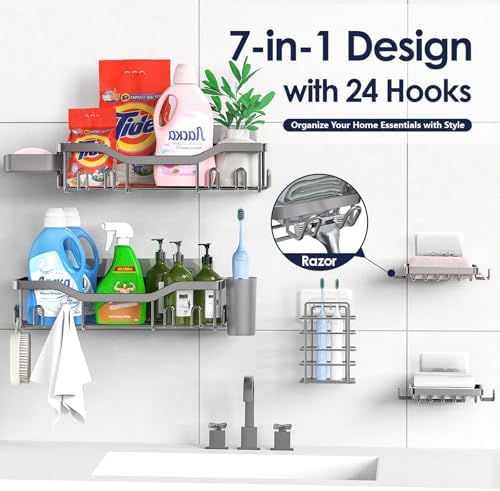 NESOMI Shower Caddy Adhesive Shower Organizer 7-Pack, Rustproof Stainless Steel Bathroom Shelves, Large Capacity No-Drill Rack Storage Accessories with Soap Dish Toothbrush Holder Hooks