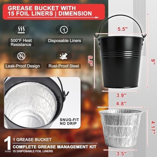 Grease Bucket with 15-Pack Foil Liners for Traeger & Oklahoma Joe's Grills