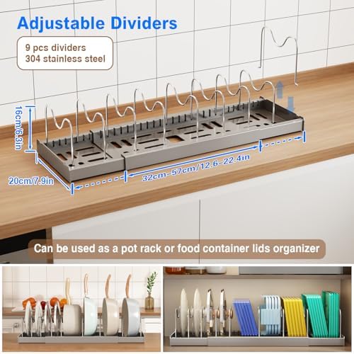 Mustorn Pots and Pans Organizer Under Cabinet, 22" Expandable Food Storage Container Lid Organizers with 9 Adjustable Dividers Pot and Pan Lid Holders Rack Inside Cabinet/Countertop(1 Pack, Gray)