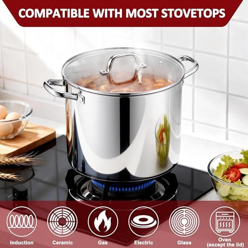 Herogo 16-Quart 18/10 Stainless Steel Stock Pot with Lid, Large Heavy Duty Soup Pot Compatible with Electric, Gas, Induction and Gas Cooktops, Non-Toxic & Corrosion Resistant, Dishwasher Safe