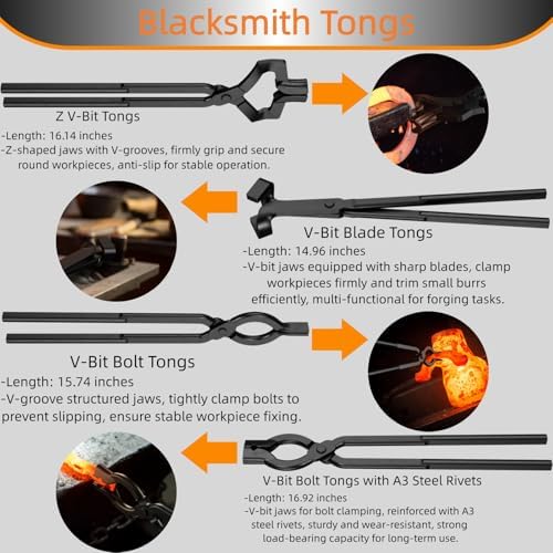 Blacksmith Tongs Set, 17 Inch Carbon Steel Forging Tongs, 4-Piece Professional Blacksmithing Tools for Beginners and Expert Craftsmen