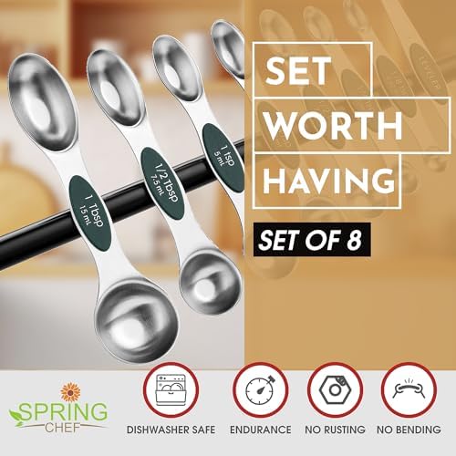 Spring Chef Stainless Steel Magnetic Measuring Spoons Set of 8, Pine Green