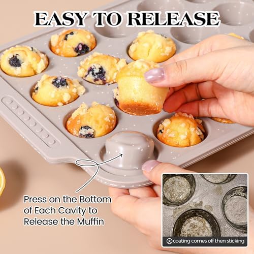 2 Pcs Silicone Muffin Pans for Baking with Metal Reinforced Frame, Nonstick Cupcake Tray for Oven, 24 Cups Mini Size Silicone Molds for Egg Bites, Dishwasher Safe (Brown, Cream)