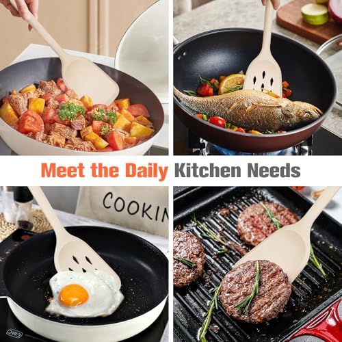 Silicone Spatula Set of 2 Pack, Heat Resistant Solid&Slotted Turner (KHAKI)