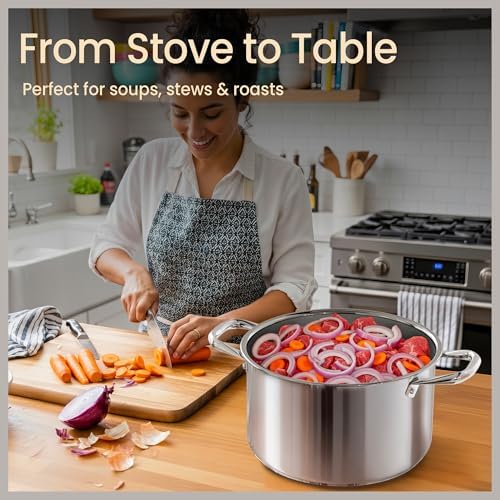 Stainless Steel Stockpot with Tempered Glass Lid 8 Quart, Durable 18/0 Stainless Steel, Impact-Bonded Base for Even Heating, Riveted Handles, Oven & All Stove Compatible, Safe Up To 500°F (260°C)