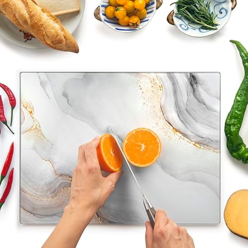 Kitchenville Glass Cutting Board 16"x12": Tempered Glass Kitchen Counter Protector - Durable- Scratch-Resistant, Heat-Proof - Design 7 - White & Gold