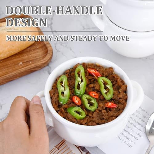 Vumdua Soup Bowls with Handles, 16 Oz Ceramic French Onion Soup Bowls - Stackable Oven Safe Bowls Serving Crocks for Soup, Cereal, Chilli, Pot Pies, Set of 4, White (White, 16 oz)