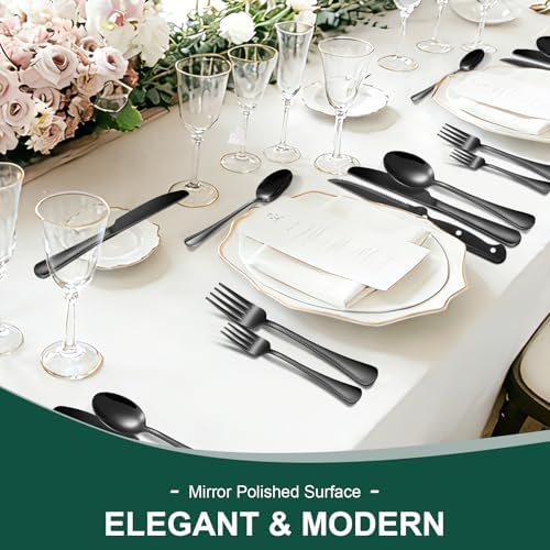 24-Piece Black Silverware Set with Steak Knives Black Stainless Steel Flatware Set for 4 Food Grade Tableware Cutlery Set Rust-proof, Mirror Polished, Dishwasher Safe