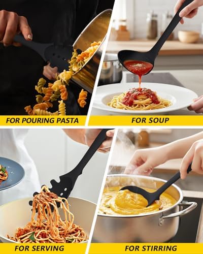 BUNDLEPRO Silicone Soup Ladle and Pasta Spoon Set, One-Piece, 2 Pack, Black