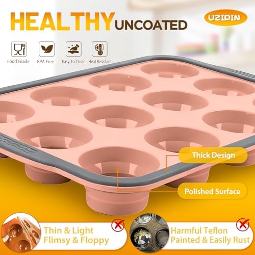 Silicone Muffin Pan, 12 Cups Non-Stick Cupcake Pan, Food-Grade BPA-Free Muffin Tin, Oven-Safe 450 °F, Reinforced Steel Frame, Easy-Grab Handles, Quick-Release 2.3" Baking Molds for Mini Treats
