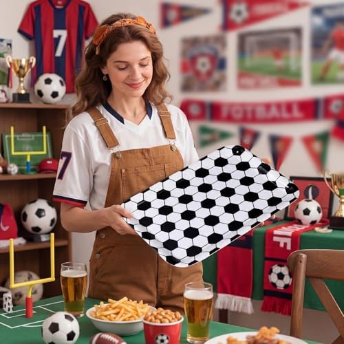 Vesici 4 Pack Soccer Melamine Serving Trays, 13 x 10 in Rectangular Serving Platters with Goal Field & Ball Pattern, Reusable Snack Appetizer Dessert Trays for Game Day Parties, Easy Clean