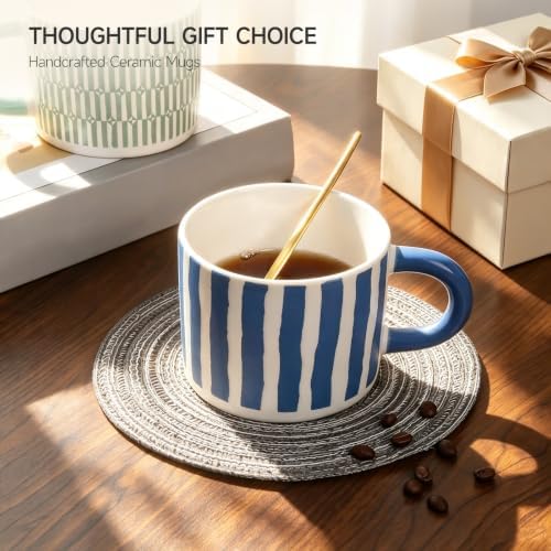 Stoneware Coffee Mugs Set of 4, 14oz Hand-Painted Coffee Cups with Handle