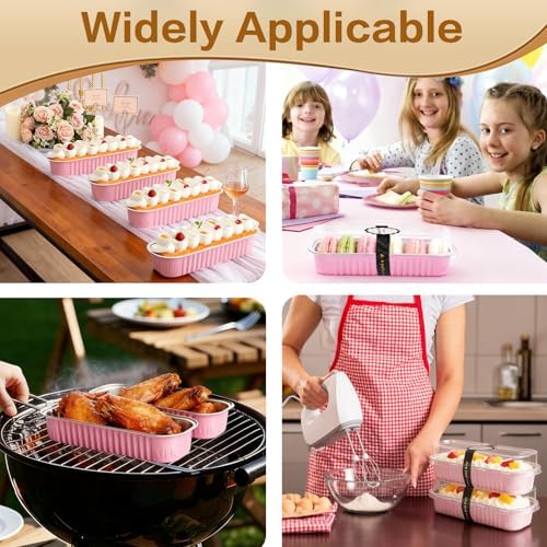 50 Pack Mini Cake Pans with Lids and Spoons, Mini Loaf Baking Pans 6.8oz, Small Disposable Aluminum Foil Loaf Pans, Rectangular Baking Containers for Party and Picnics, Cheesecake Pans (Pink)