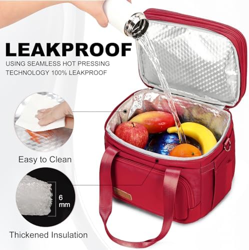 MAPLELILY Lunch Box for Men Women - Double Deck Insulated Lunch Bag, Large Leak Proof Tote Cooler, Wide Open Dual Compartment Lunch Bags with Shoulder Strap, For Work Picnic Hiking Beach, Red
