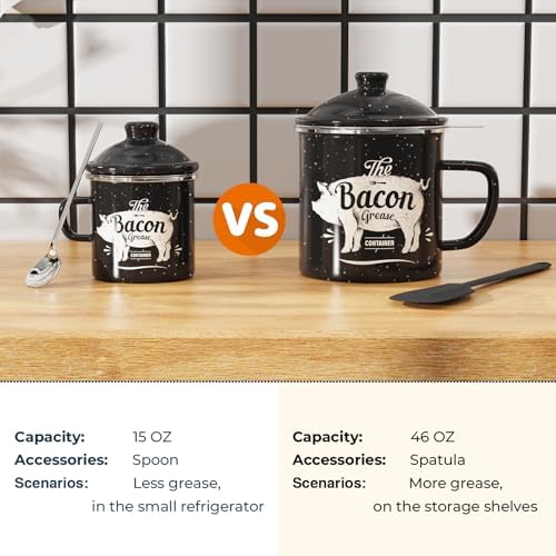 Bacon Grease Container with Strainer-15OZ Enamel Saver, Dishwasher Safe
