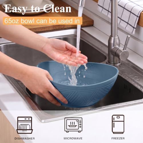 65 OZ Wheta Straw Bowls Set - Unbreakable Large Salad Bowl 4 PCS, Large Capacity Kitchen Bowls Microwave & Dishwasher Safe Serving Bowl for Salad, Popcorn, Chip (Blue)