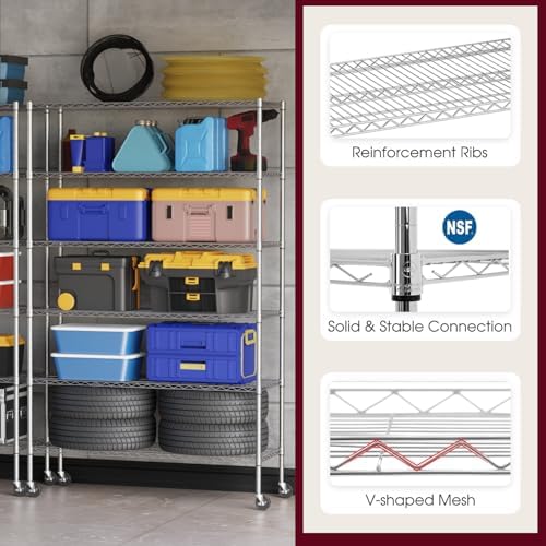 BestOffice | 6-Tier Wire Shelf with Wheels | 48" x 18" x 77" | Chrome