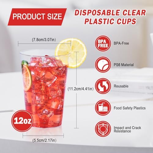 BYSNOW 100 Pack 12 oz Clear Plastic Cups, Disposable Plastic Cocktail Cups