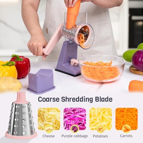 Upgraded Rotary Cheese Grater with 3 Interchangeable Stainless Steel Drums, One-Press Powerful Suction Manual Vegetable Shredder&Slicer for Kitchen, 15pcs Storage Bags Included, Pinkish Purple