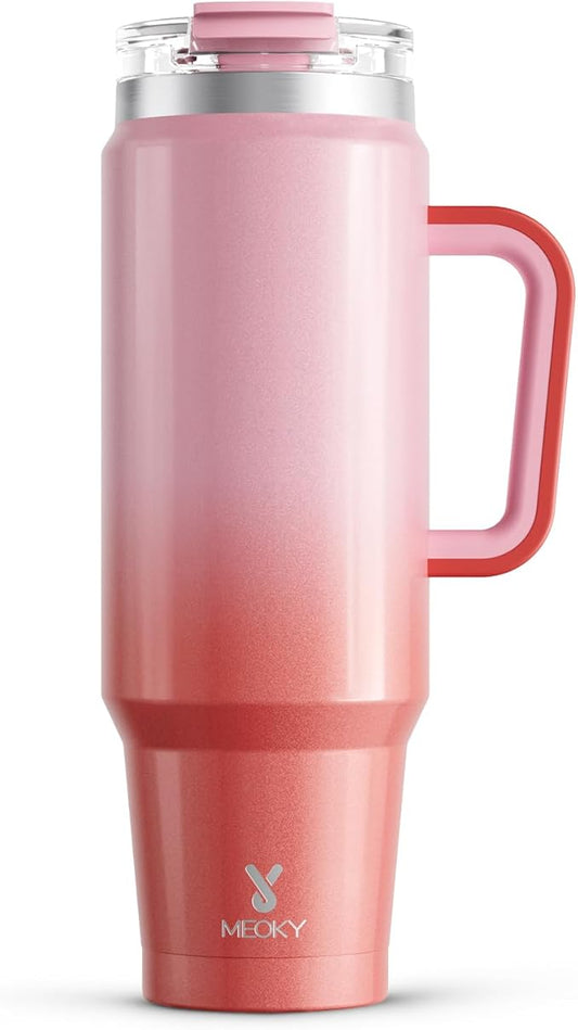 Meoky 40 oz Tumbler with Handle and Straw, Insulated Tumbler with Lid and Straw, Stainless Steel Travel Mug, Keeps Cold for 34 Hours, 100% Leak Proof, Fits in Car Cup Holder (Flamingo)