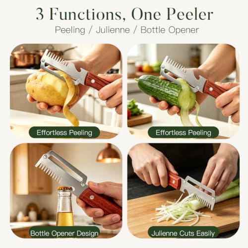 3-in-1 Vegetable Peelers for Kitchen with Wooden Handle, Stainless Steel Blades, Built-in Julienne Cutter & Bottle Opener, Fruit Peeler for Potato, Carrot, Apple, Cucumber & Pumpkin