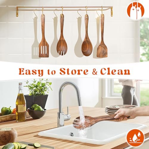 4Pcs Wooden Spoons for Cooking, Acacia Wood Kitchen Utensils Set for Nonstick Pans, Smooth Finish Cooking Utensils with Long Handle, Wooden Spatula for Cooking, Mixing, Baking