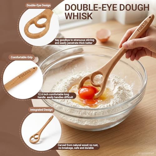 2 Pack Wooden Danish Dough Whisk, 12.6" Handcrafted Dutch Bread Whisk, Seamless & Easy to Clean Sourdough Whisk for Pizza, Batter & Professional Baking
