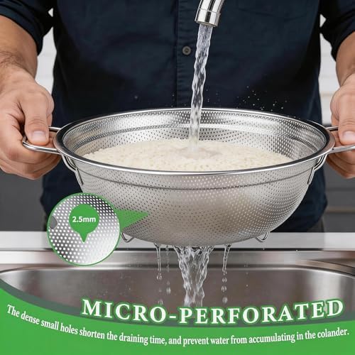 Stainless Steel Colander Set of 3, 18/8 Food Grade Steel Kitchen Strainers, 2, 3 & 5 Quart Metal Pasta Strainers with Welded Handles, Non-Slip Feet, 2.5mm Precision Holes, Dishwasher Safe