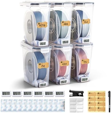 Filament Storage Box - 6 Pack 4L 3D Printer Filament Containers with 6 Hygrometers, Airtight Dry Boxes for Sealing and Protection, Water-Proof & Dust-Proof, Reusable Desiccant, Tube Cutter