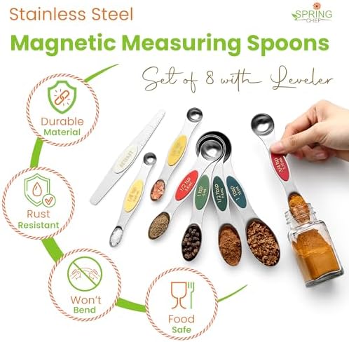 Spring Chef Stainless Steel Magnetic Measuring Spoons Set of 8, Very Merry