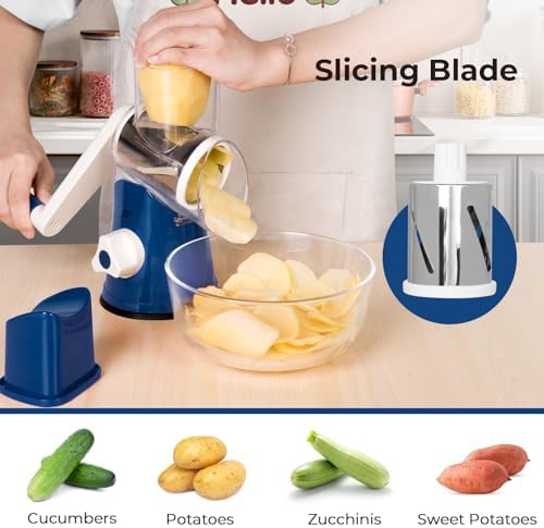 X Home 3‑Blade Rotary Cheese Grater for Kitchen, Dark Blue