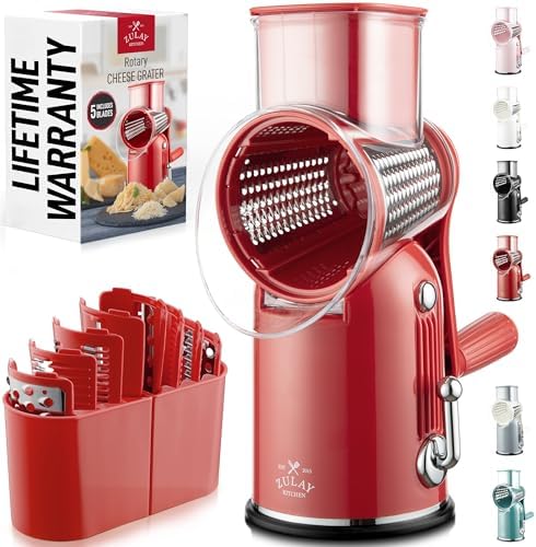 Rotary Cheese Grater Manual Hand Crank 5 Blade Shredder, Classic Red