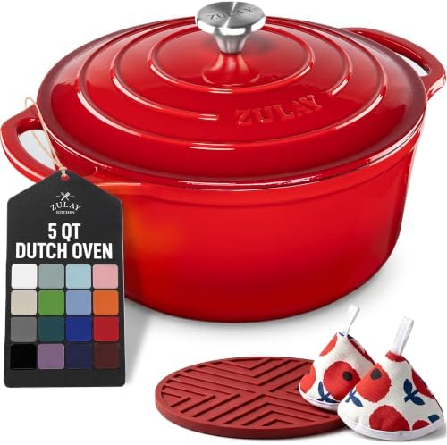 Zulay Kitchen 5 Quart Enameled Cast Iron Dutch Oven Pot with Lid – Premium Durability & Oven Safe up to 500°F – Heavy Duty Cookware Perfect for Bread Baking, Stews, Braising & Roasting – Ablaze Red