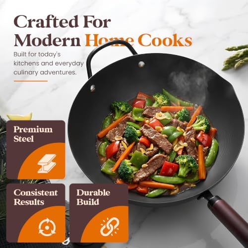 Carbon Steel Wok with Lid Ceramic Nonstick Flat Bottom Wok Pan Induction Compatible Stir Fry Wok Beech Wood Handle Glass Lid Healthy Cooking Wok for Gas Electric Ceramic Halogen Cooktops