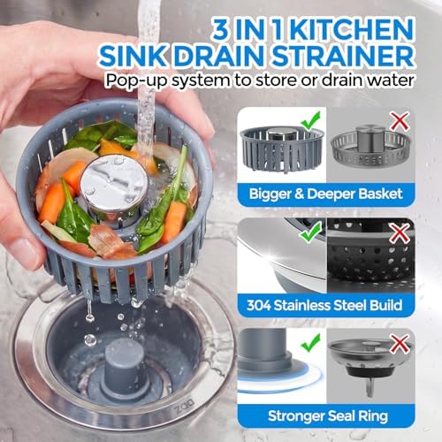 zaa 3 in 1 Kitchen Sink Drain Strainer Stopper Removable Basket Pop-Up