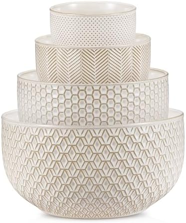 KooK Ceramic Nesting Bowls, Embossed, Oven Safe, Set of 4, Ivory
