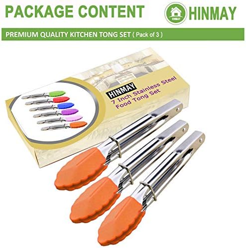 HINMAY 7-Inch Silicone Tipped Kitchen Tongs, Set of 3 (Orange)