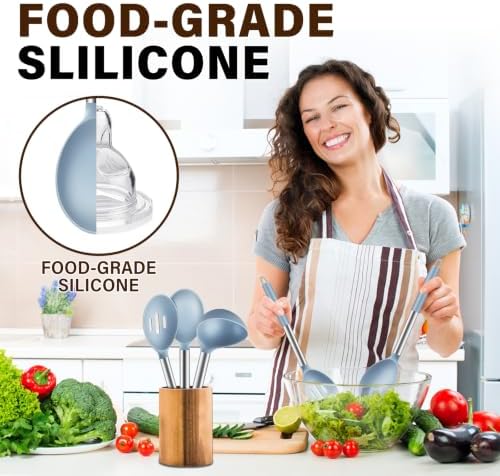 3Pcs Silicone Cooking Spoon Set, Kitchen Utensils Include Solid & Slotted Spoon, Soup Ladle, Food-Grade Heat Resistant 446°F, Non-Scratch Spoons for Serving, Stirring, Draining, Dishwasher Safe, Blue
